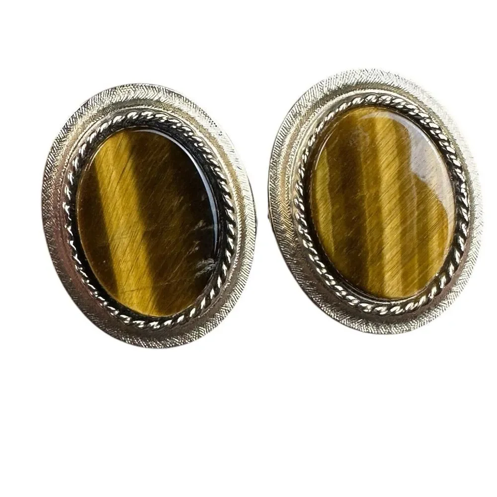 VTG Anson Pat Pend Golf Club Tee Ball Tigers Eye Stone Cufflinks‎ Gold Plated